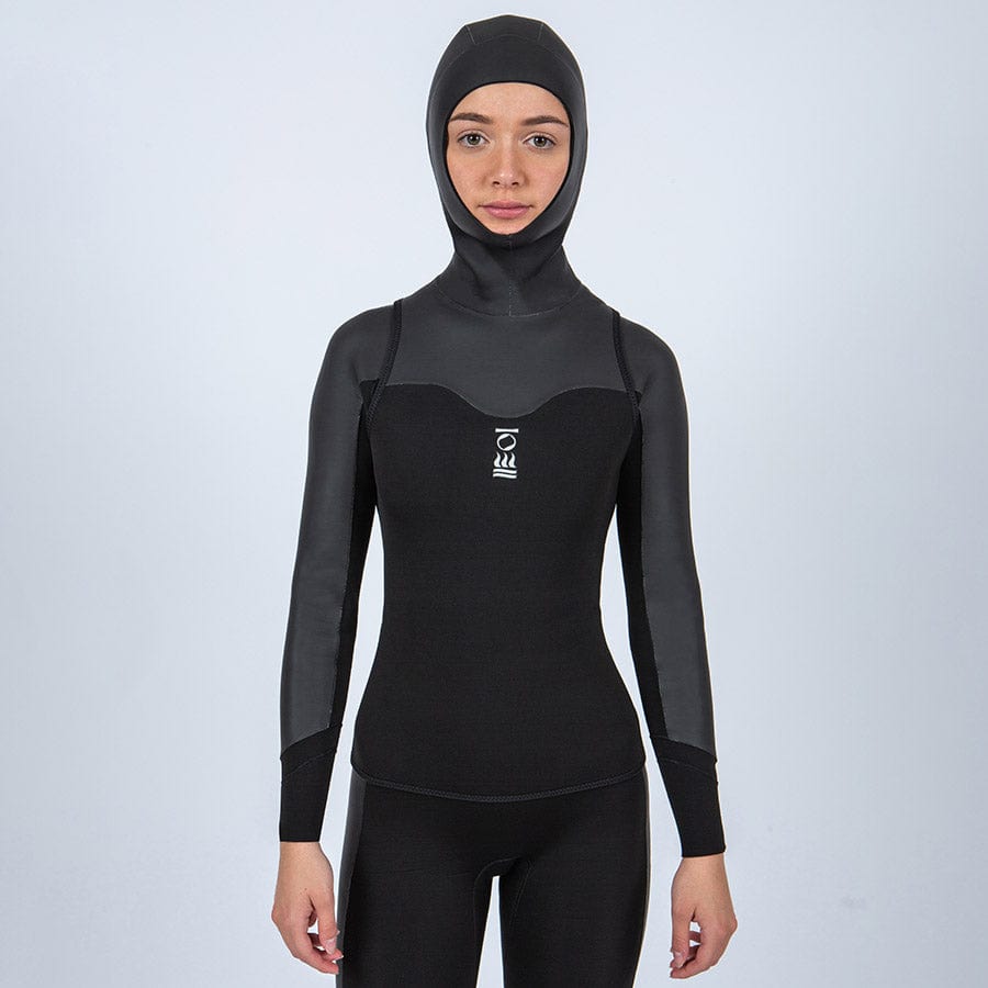 Woman in black hooded wetsuit