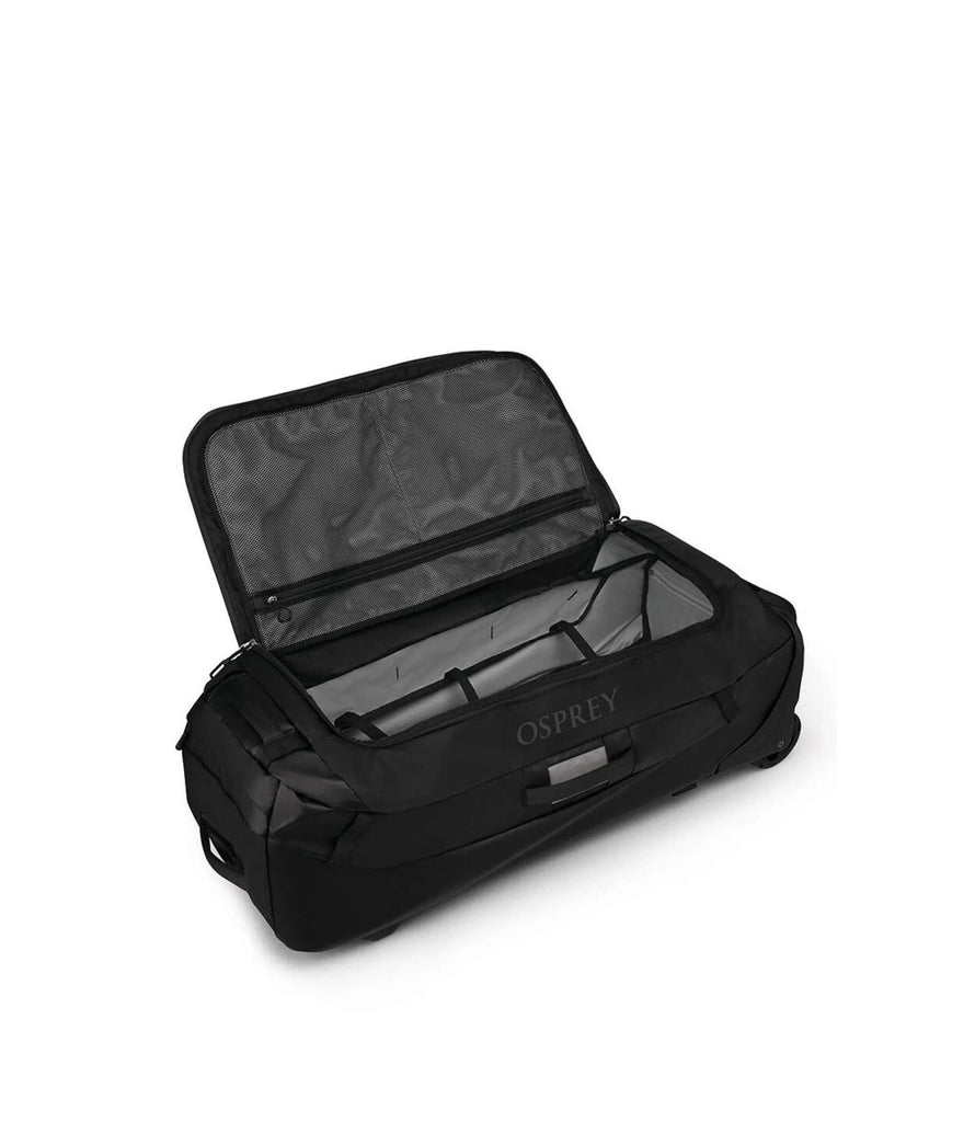 Open black Osprey rolling duffel bag.