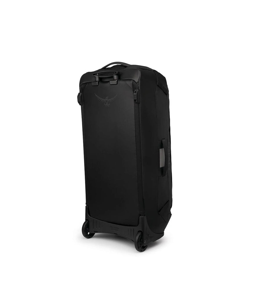 Black rolling suitcase.
