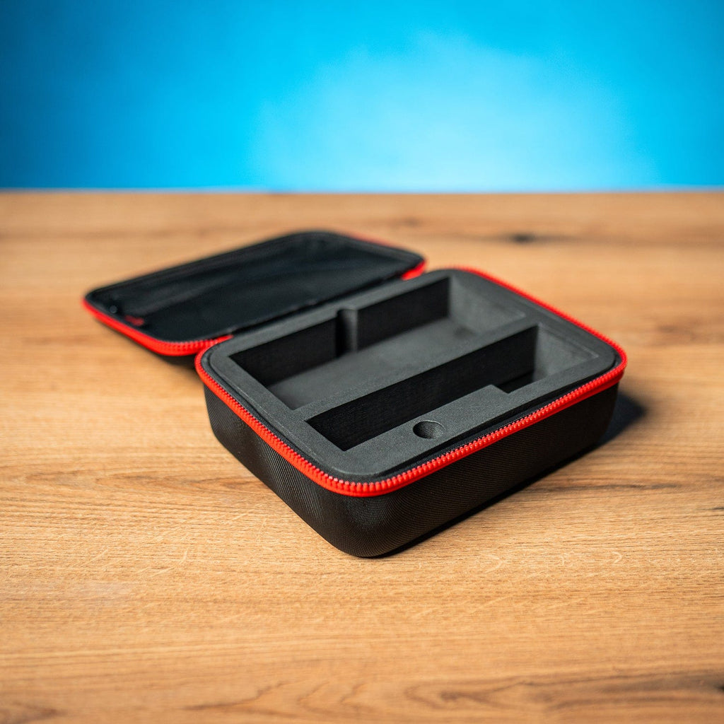 DiveSoft semi-hard zipper case, open, with red trim