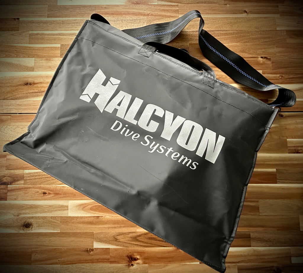 Gray Halcyon Dive Systems bag with strap.