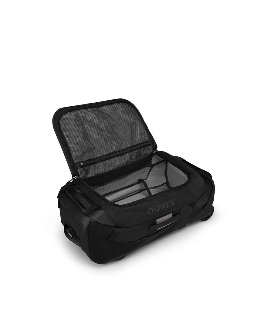 Black rolling duffel bag with open top.