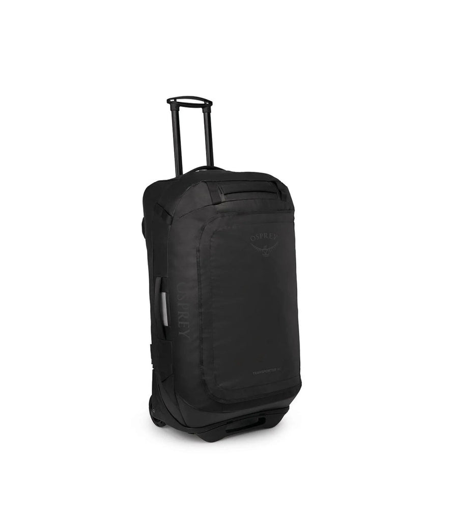 Black rolling suitcase with handle extended.