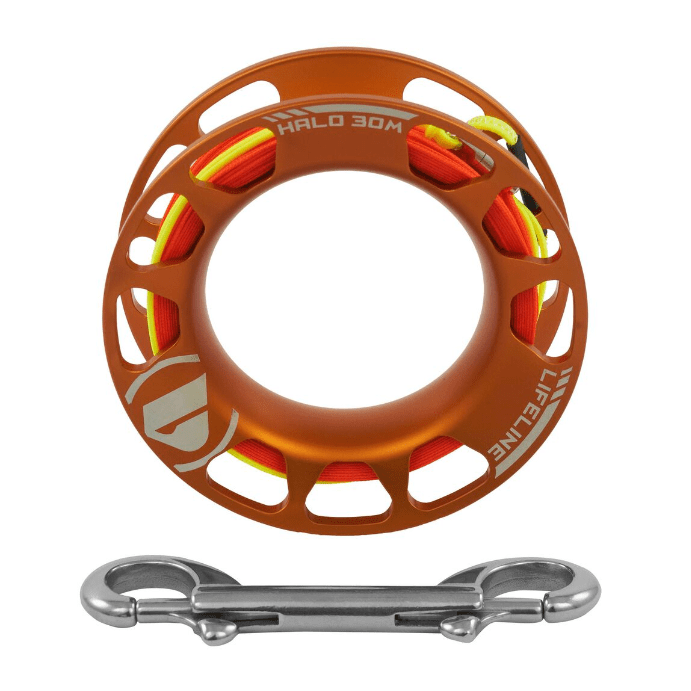 Orange dive reel with rope and a metal clip.