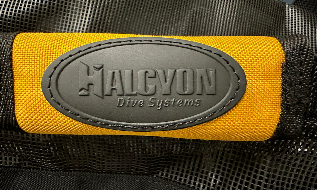 Yellow fabric with Halcyon Dive Systems logo.