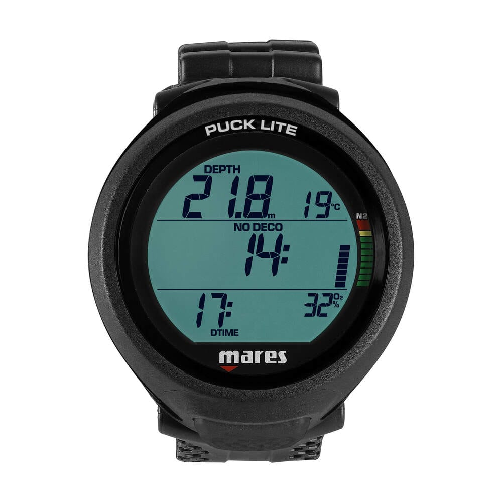 Mares Puck Lite 1 dive computer showing depth, time, and deco.
