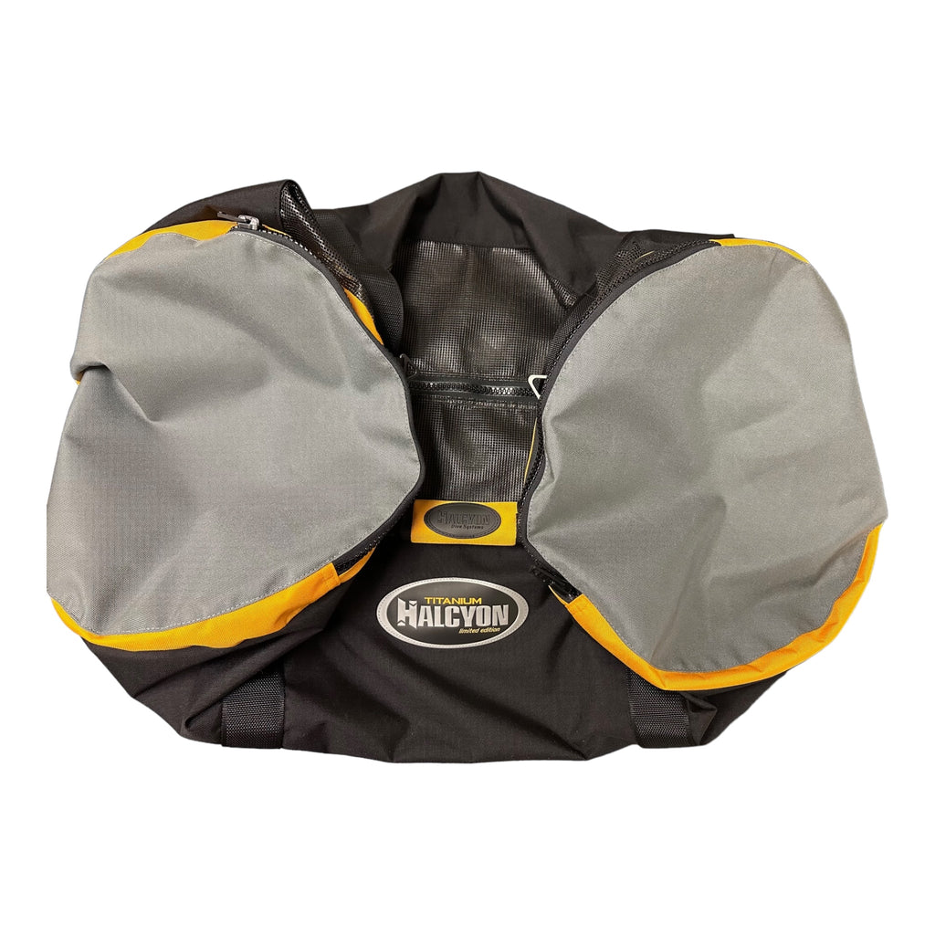 Halcyon BCD wing with grey pockets, black and yellow, dated 2024-08-20.