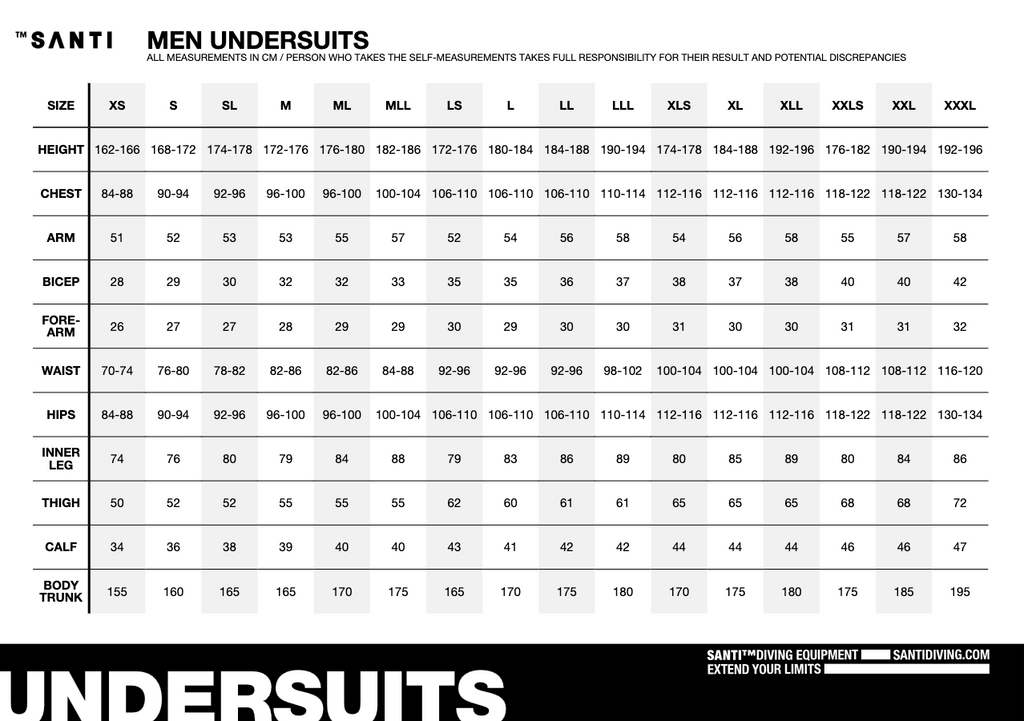 SANTI Men Undersuit sizing chart, screenshot from April 24, 2023