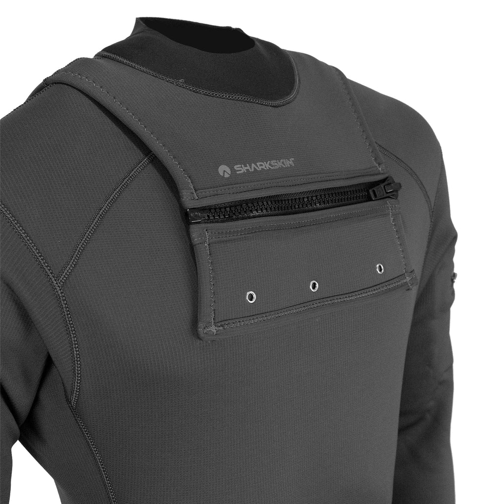 Close-up of gray wetsuit with chest pocket