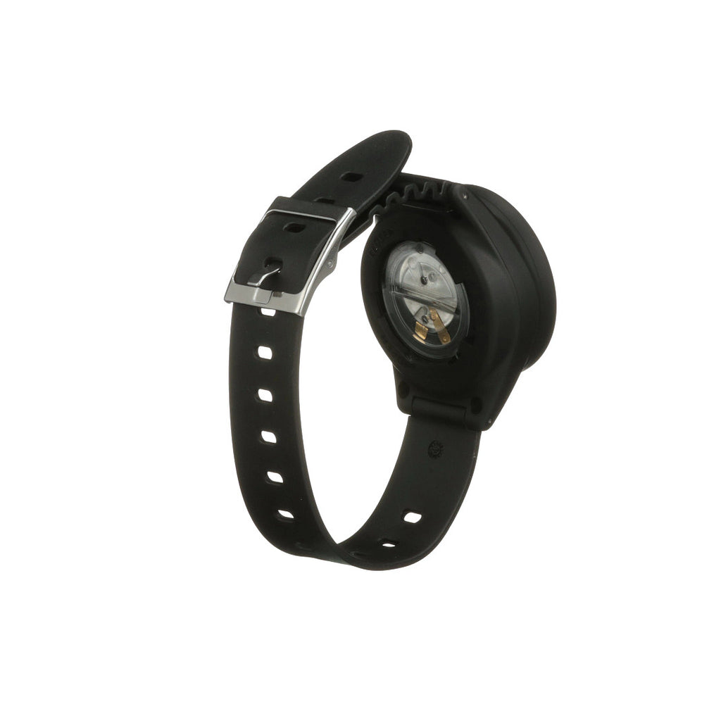 Black wristwatch with open back and strap.