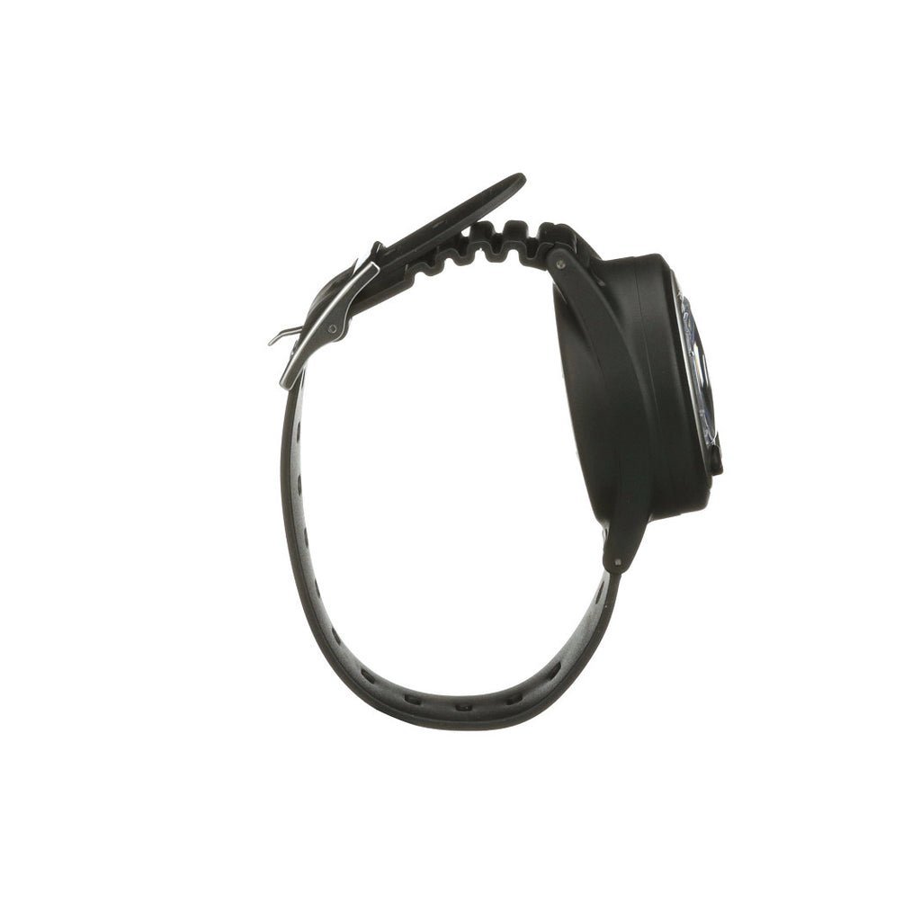 Black wristwatch with a rubber strap.