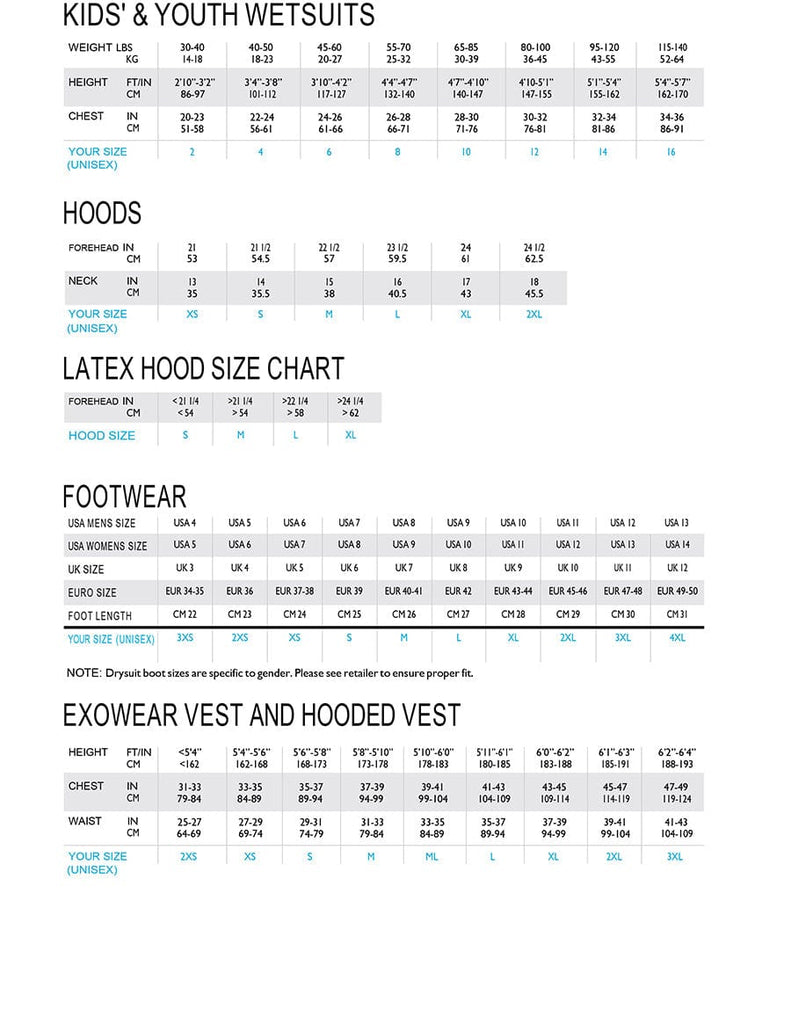 Kids & Youth Wetsuit, Hood, Bootie, & Exowear Vest Size Chart