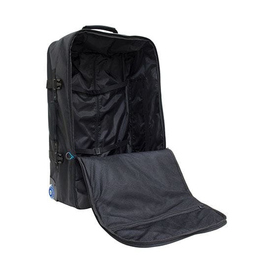 Black open wheeled luggage bag